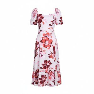 NWT Ellen Tracy Womens S Coral Bouquet Floral Linen Blend Midi Dress Puff Sleeve